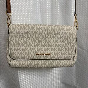 Michael Kors Beige Signature MK Crossbody with Gold Hardware